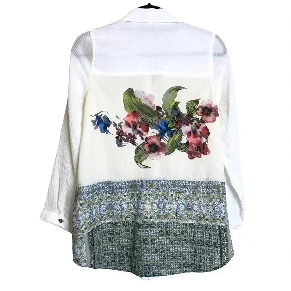 Soft Surroundings White Shirt Blouse Floral Print Button Up